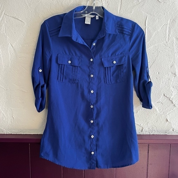 H&m Royal Blue Roll Tab Sleeve Blouse Size 4 - Picture 1 of 8